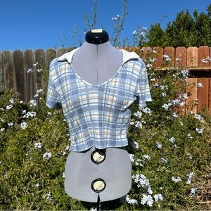 Love J Size Large Preppy Blue, White and Orange V Neck Crop Top with Collar